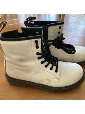 Dr. Martens White Youth Lace-Up Boots With Side Zipper And Yellow Stitching Size